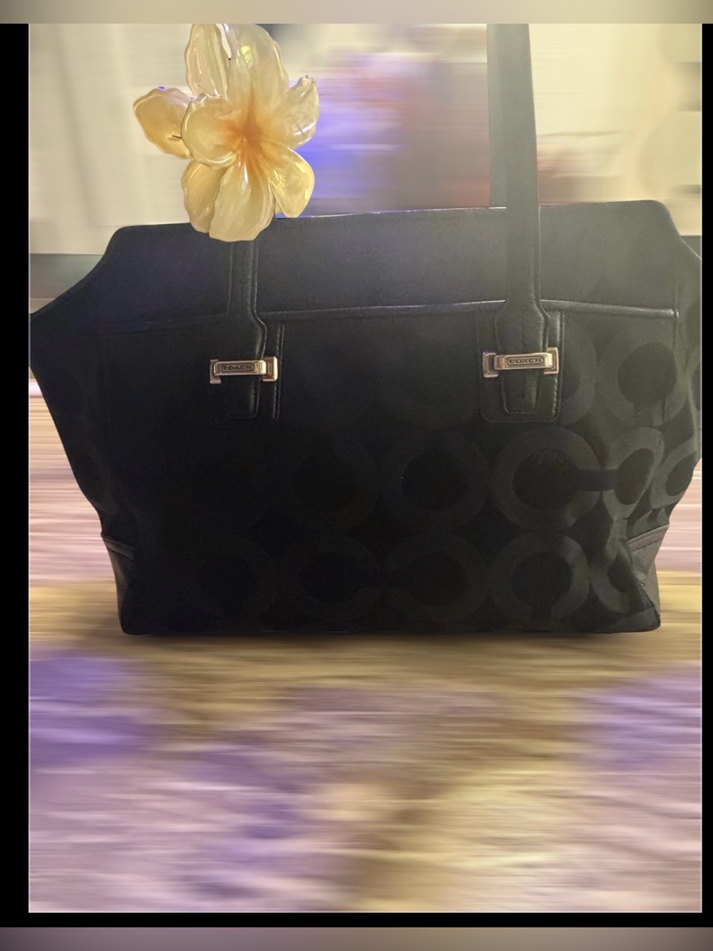 Coach Black Signature Jacquard Tote with Floral Accent